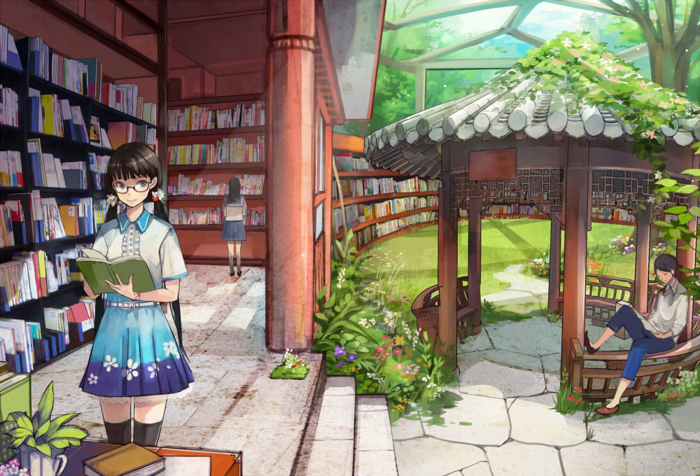 landscape, megane, seifuku, shigureteki, thighhighs