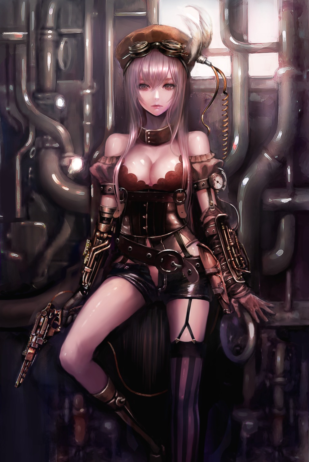 bike_shorts, cleavage, dress, gun, kanechi, megane, stockings, thighhighs, weapon