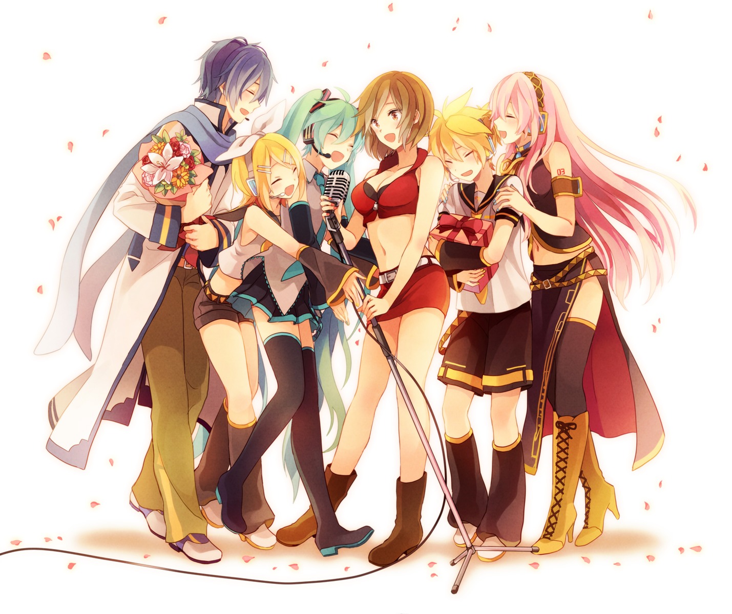 akiyoshi, cleavage, hatsune_miku, headphones, heels, kagamine_len, kagamine_rin, kaito