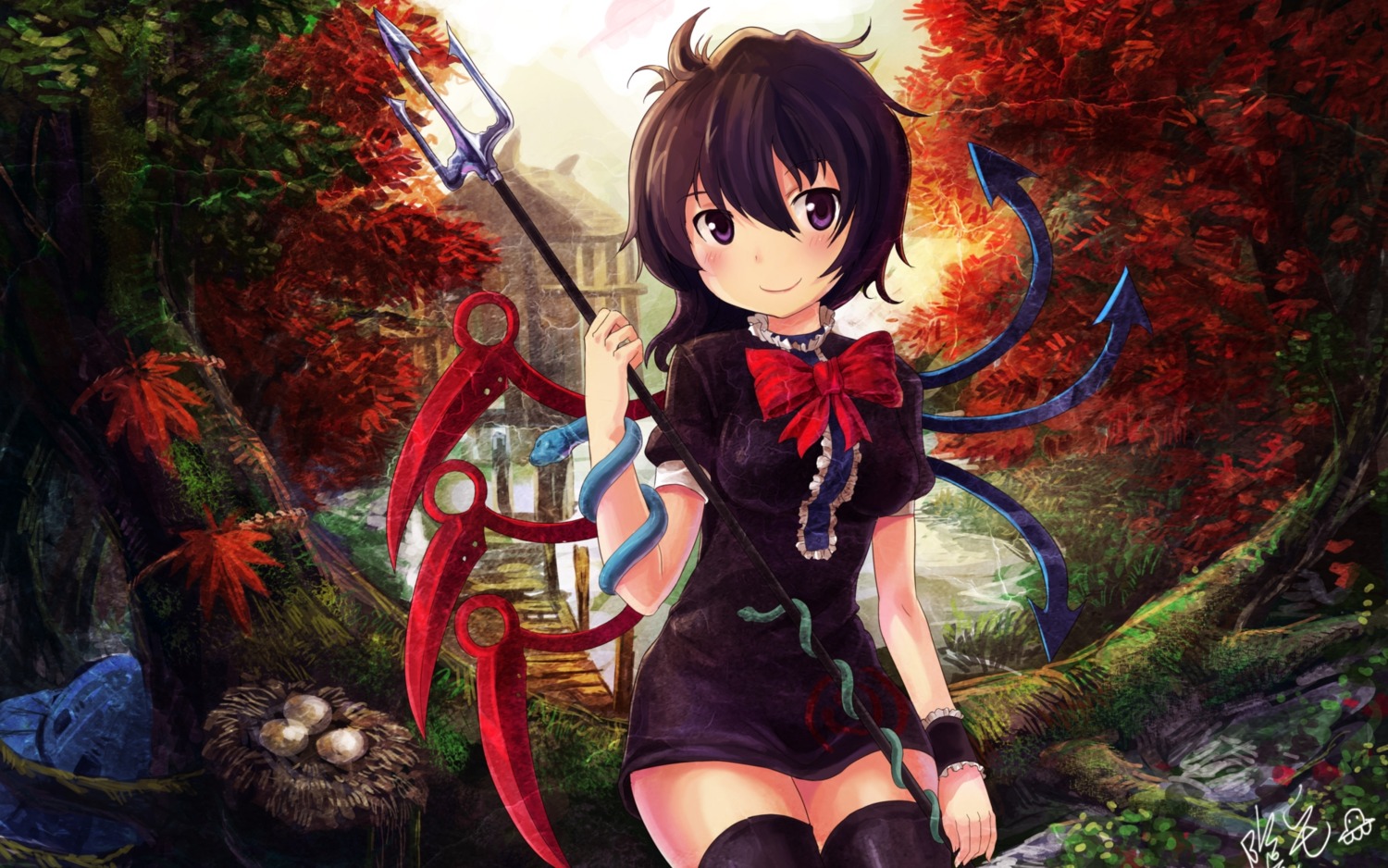 dress, houjuu_nue, oto_taku, thighhighs, touhou, wallpaper, weapon, wings