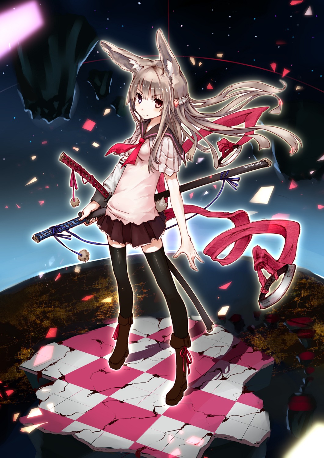 animal_ears, linsert, seifuku, sword, tail, thighhighs, weapon