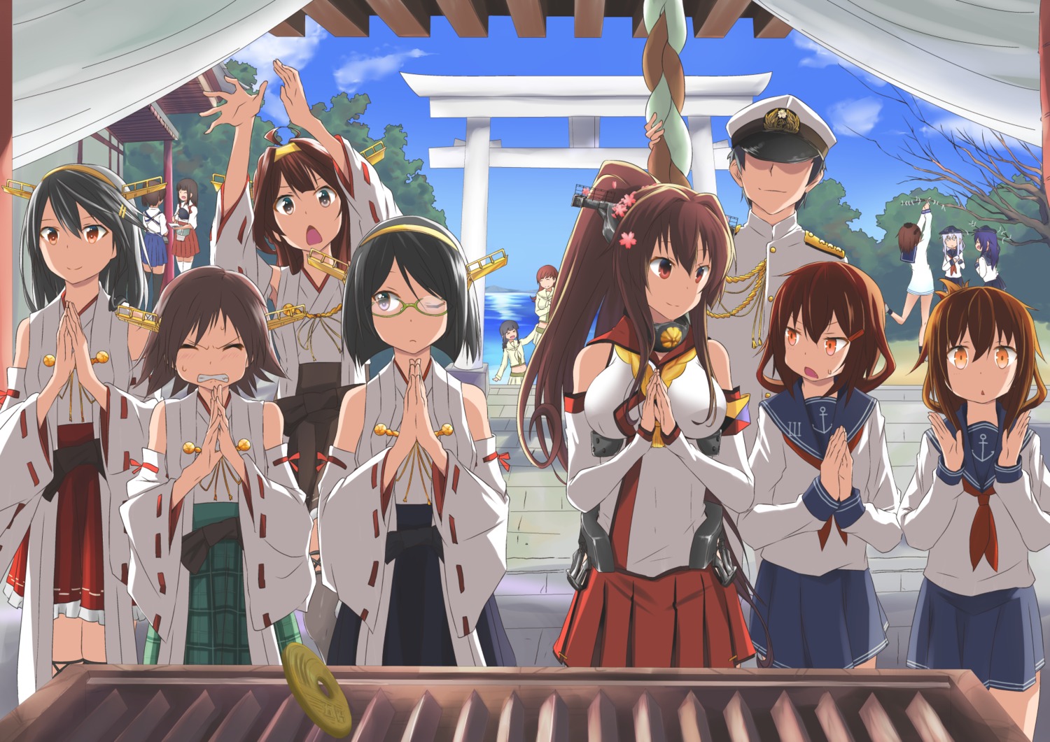 admiral_(kancolle), akagi_(kancolle), akatsuki_(kancolle), haruna_(kancolle), hibiki_(kancolle), hiei_(kancolle), ikazuchi_(kancolle), inazuma_(kancolle), japanese_clothes, kaga_(kancolle), kantai_collection, kikyou_(kiss-shot), kirishima_(kancolle), kitakami_(kancolle), kongou_(kancolle), megane, miko, ooi_(kancolle), seifuku, thighhighs, yamato_(kancolle), yukikaze_(kancolle)