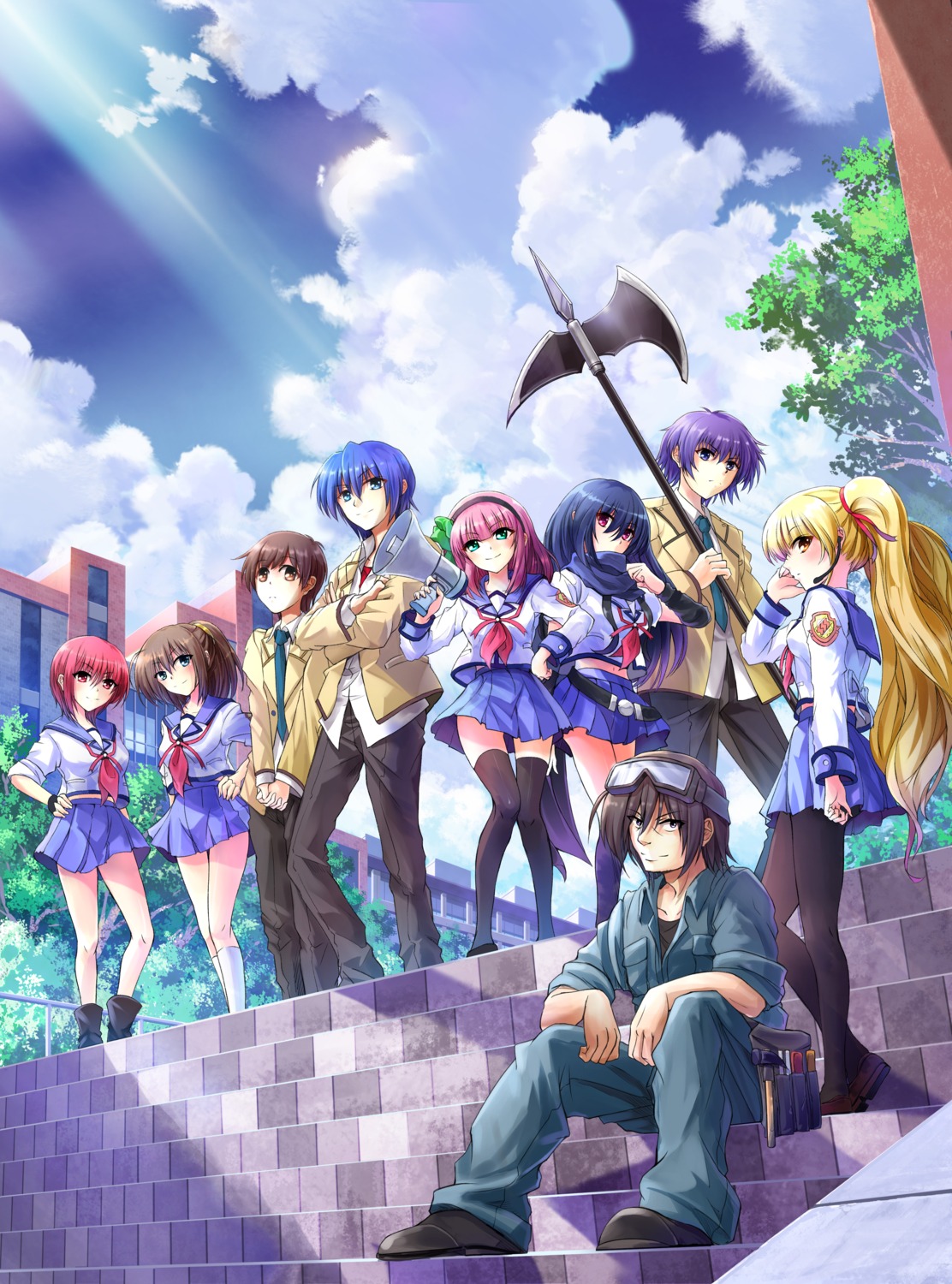 angel_beats!, chaa_(angel_beats!), fuchita_hisako, hinata_hideki, iwasawa_masami, nakamura_yuri, noda, ooyama, pantyhose, seifuku, shiina, tazu, thighhighs, weapon, yusa
