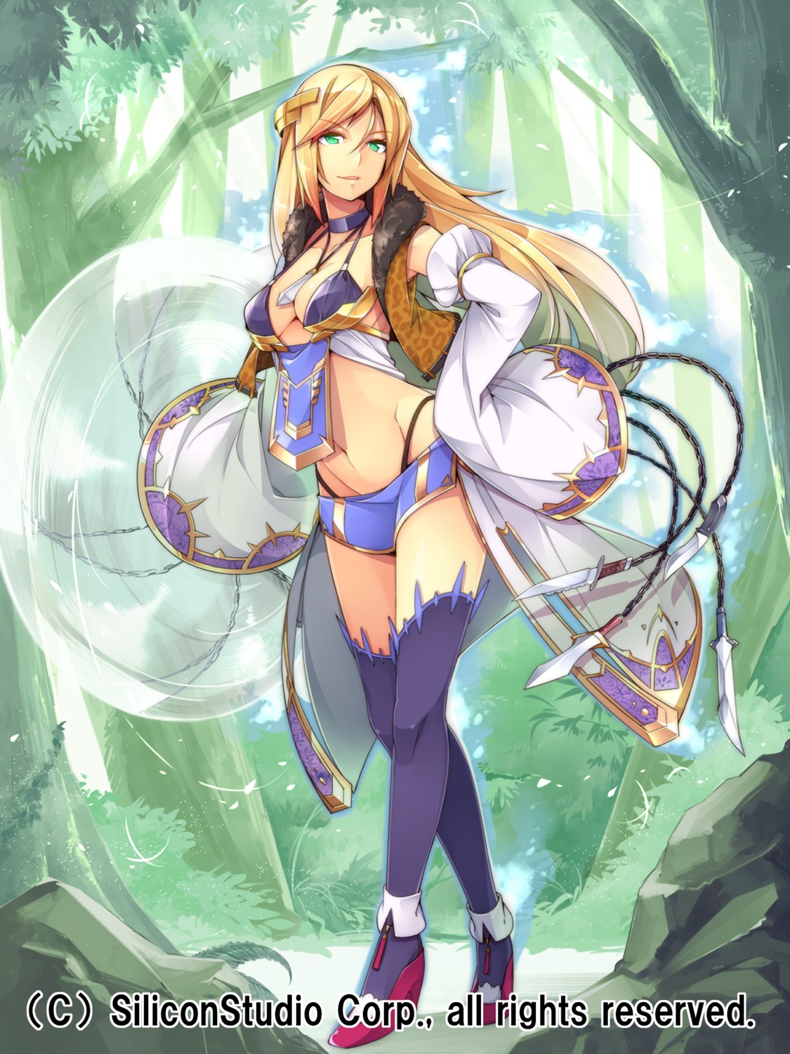 bikini, cleavage, gyakushuu_no_fantasica, heels, kokka_han, swimsuits, thighhighs, weapon