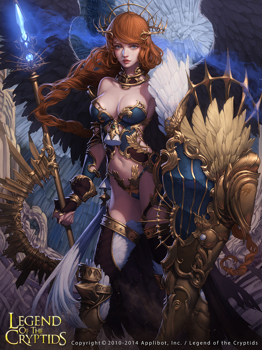 armor, bikini_armor, cleavage, lange, legend_of_the_cryptids, thighhighs, weapon, wings