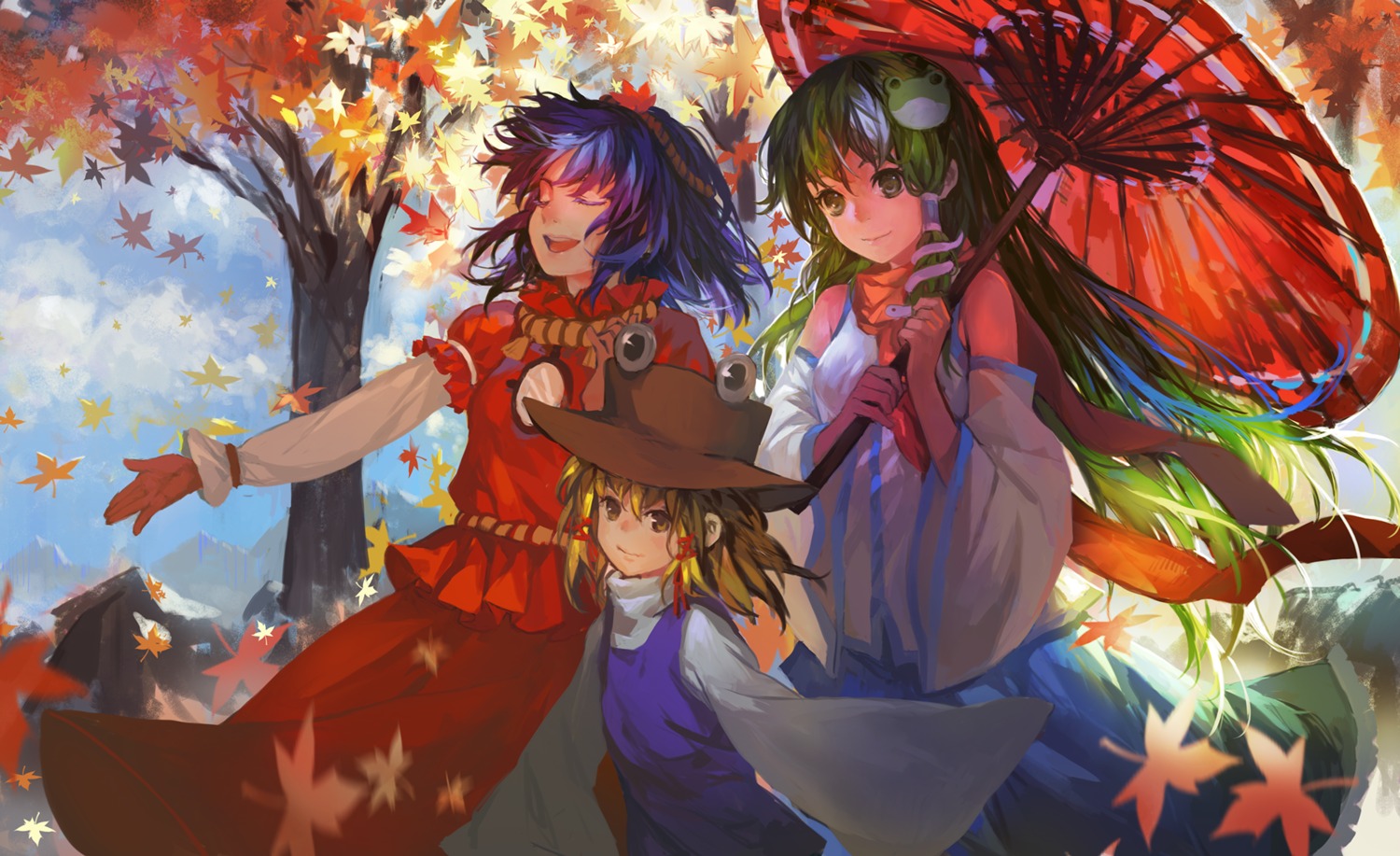 dress, kochiya_sanae, moriya_suwako, touhou, umbrella, yasaka_kanako, zrero