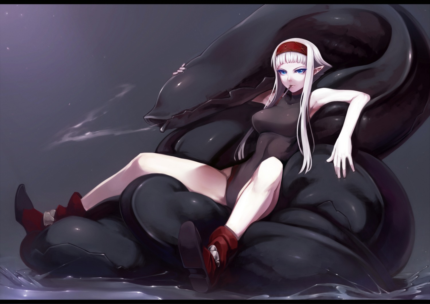 leotard, pixiv_fantasia, pixiv_fantasia_fallen_kings, pointy_ears, smoking, tsukitokage