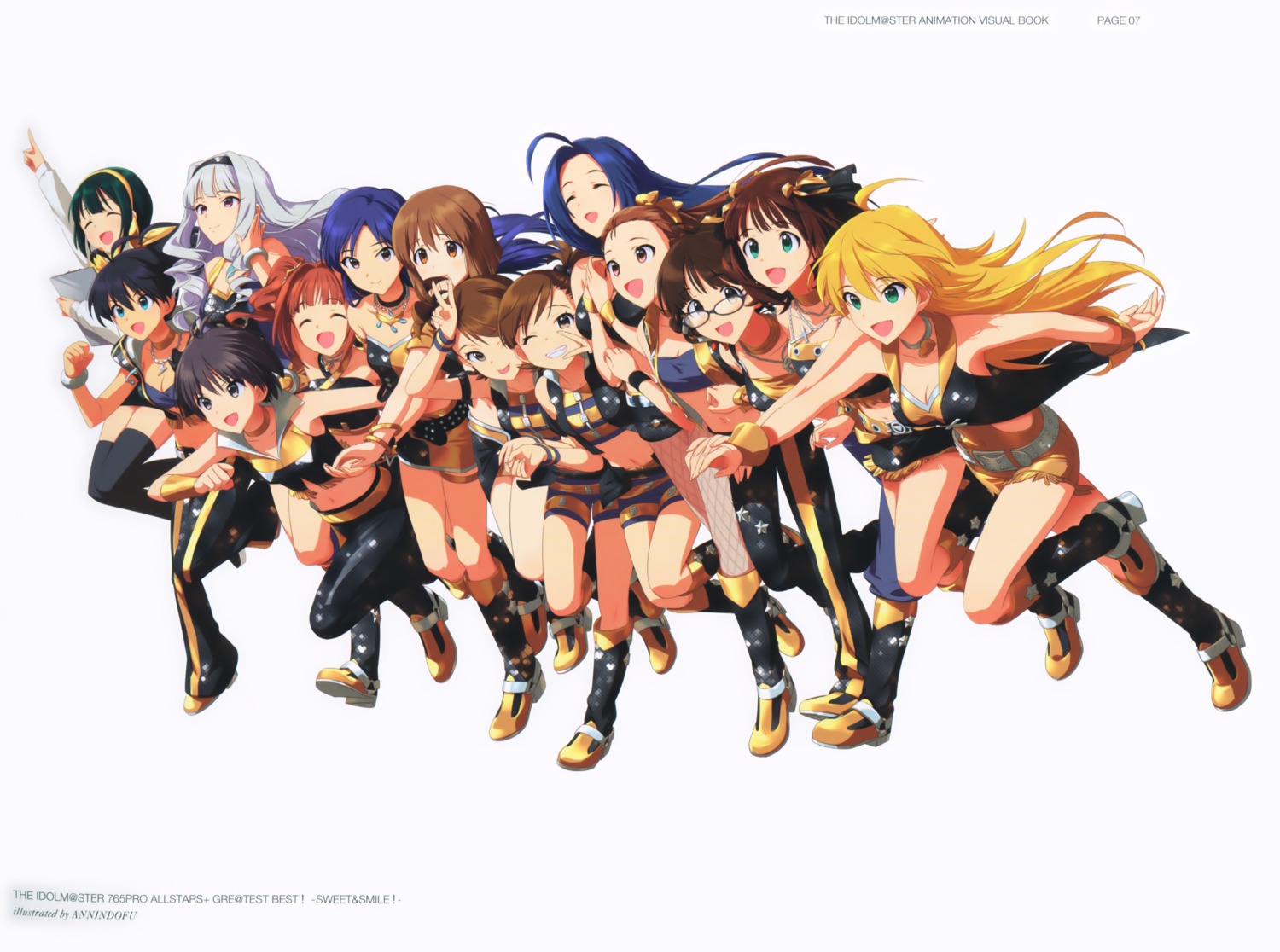 akizuki_ritsuko, amami_haruka, annin_douhu, cleavage, fishnets, futami_ami, futami_mami, ganaha_hibiki