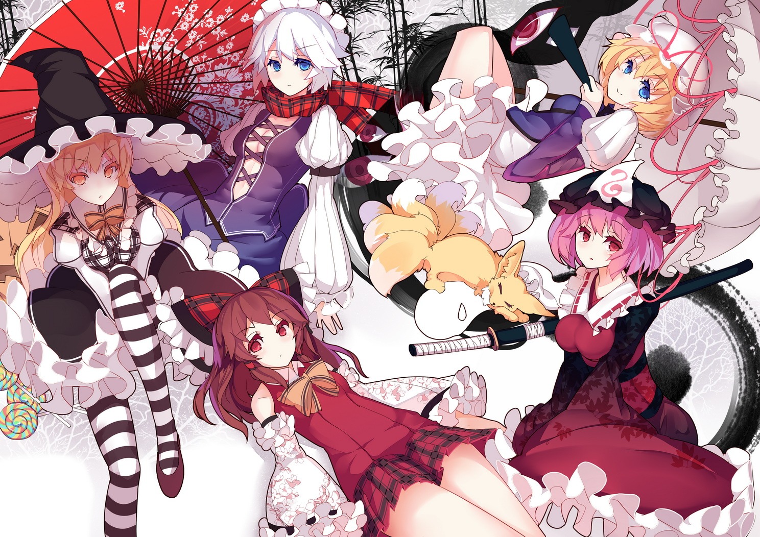 cleavage, dress, hakurei_reimu, izayoi_sakuya, kirisame_marisa, myon, no_bra, pantyhose