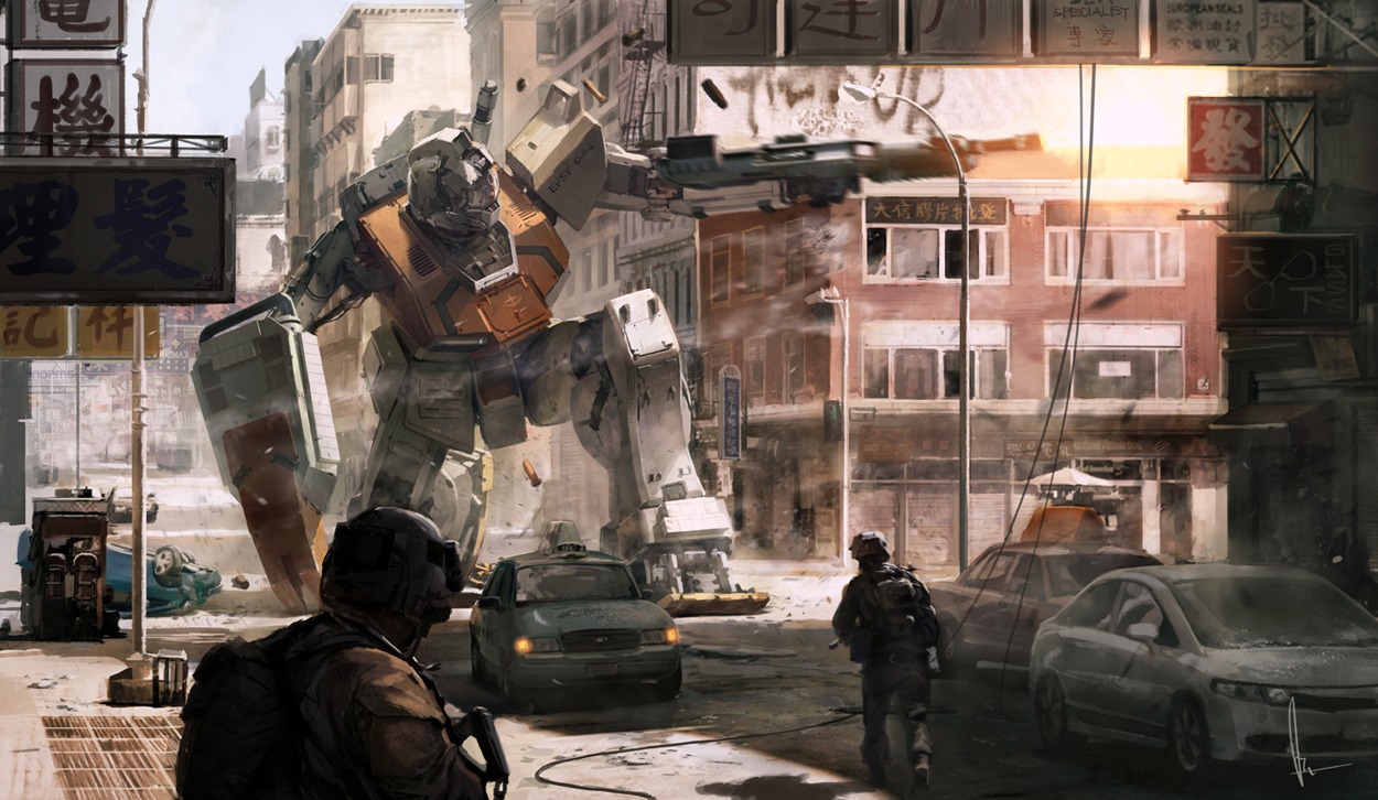 crossover, gun, gundam, landscape, male, mecha, red_ace, rgm-79_gm, the_08th_ms_team, weapon