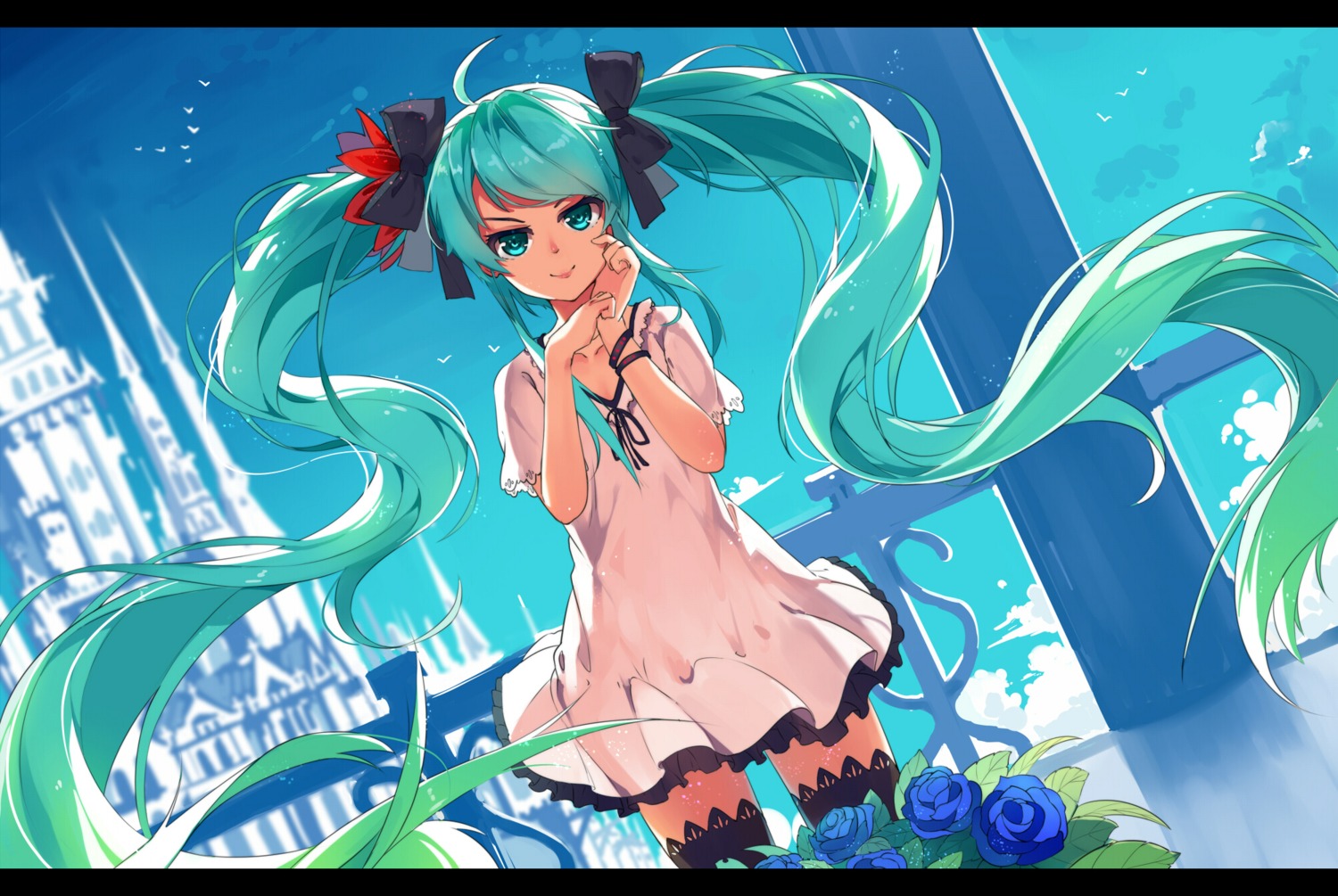 baisi_shaonian, dress, hatsune_miku, thighhighs, vocaloid, world_is_mine_(vocaloid)