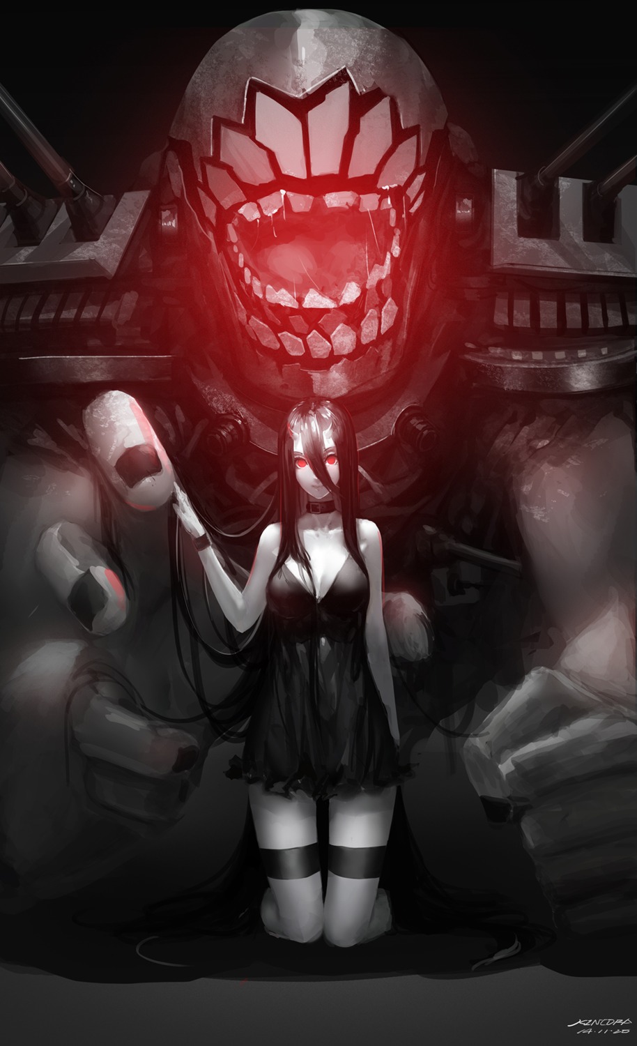battleship-symbiotic_hime, cleavage, dress, horns, kantai_collection, kincora, monster