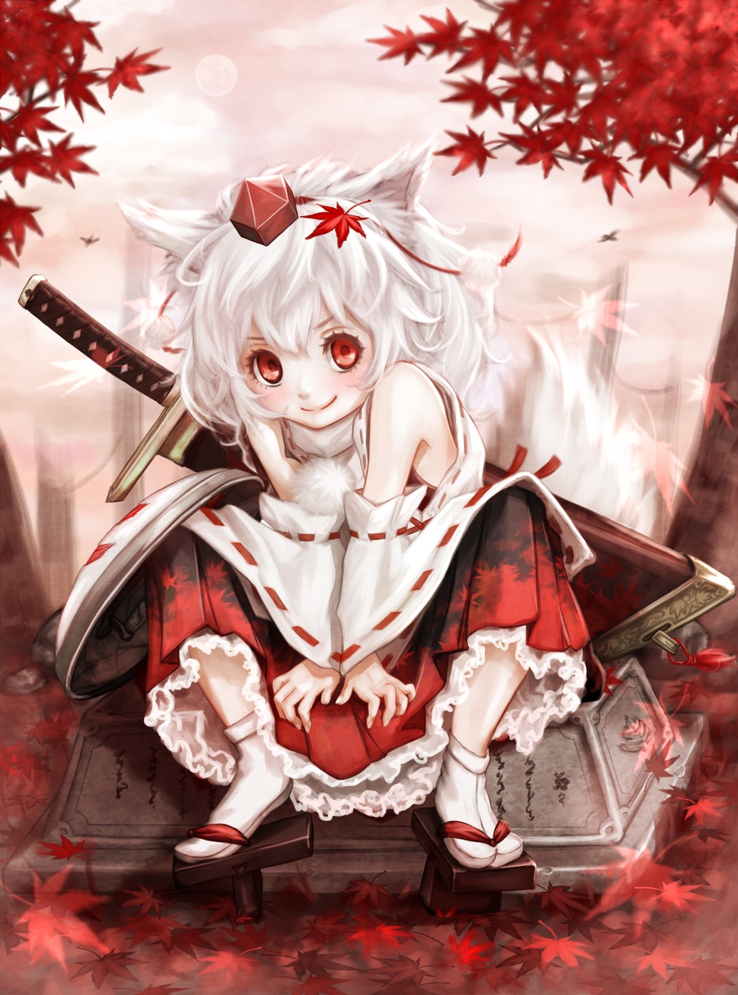animal_ears, hoshibuchi, inubashiri_momiji, miko, sword, tail, touhou