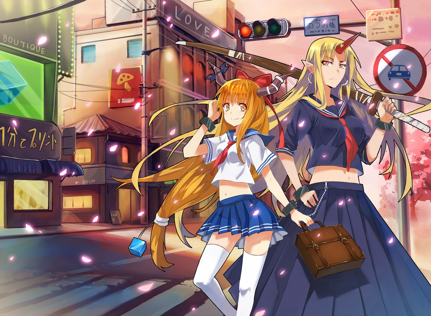 horns, hoshiguma_yuugi, ibuki_suika, pointy_ears, seifuku, thighhighs, touhou, zhuxiao517