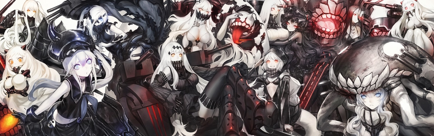aircraft_carrier_oni, aircraft_carrier_water_oni, airfield_hime, battleship-symbiotic_hime, bikini_top, cleavage, destroyer_hime, dress, heels, horns, infukun, isolated_island_oni, kantai_collection, midway_hime, ne-class_heavy_cruiser, northern_ocean_hime, re-class_battleship, seaport_hime, seifuku, swimsuits, thighhighs, wo-class_aircraft_carrier