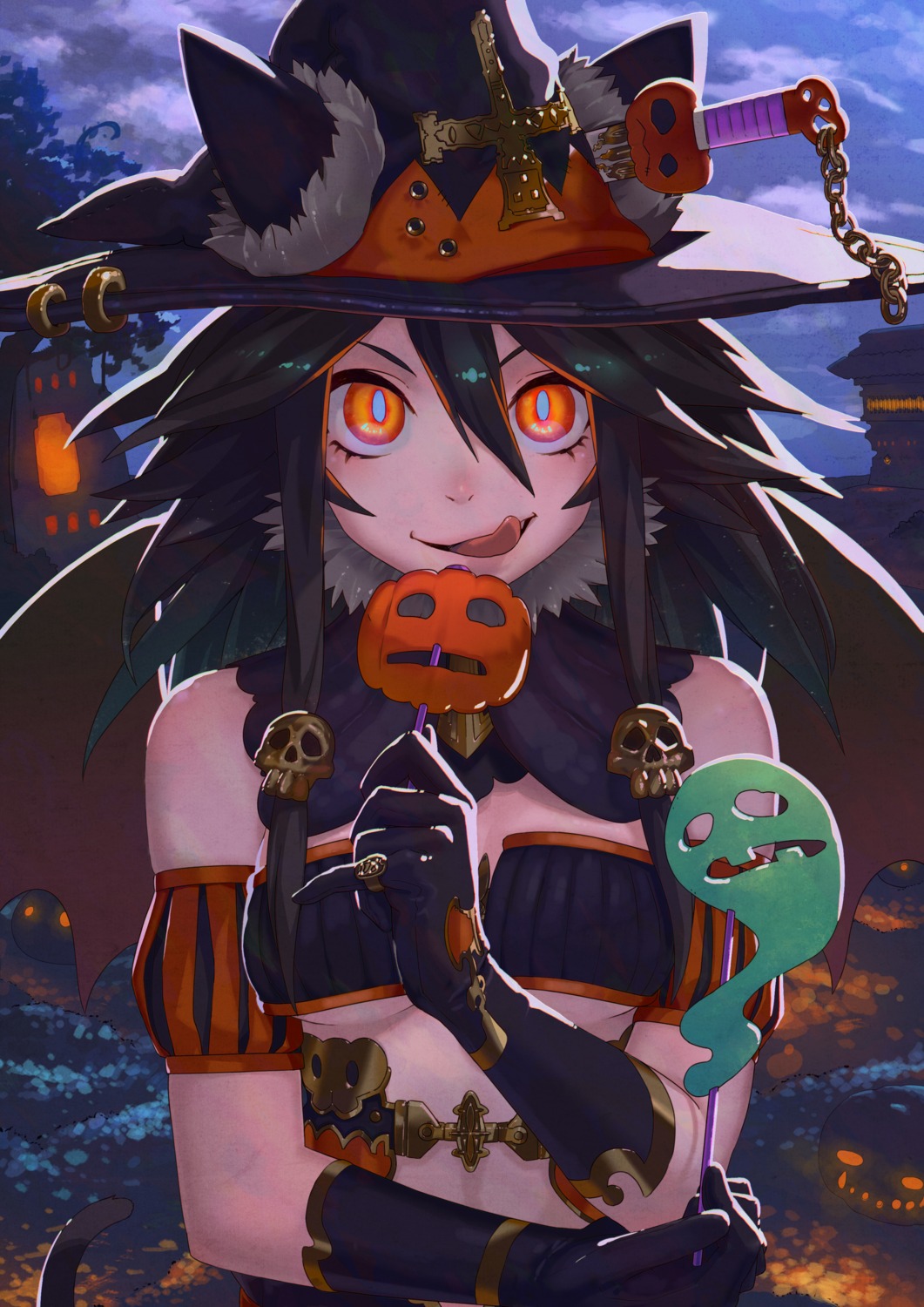 animal_ears, halloween, kento1202, nekomimi, tagme_artist_translation, tail, underboob, wings