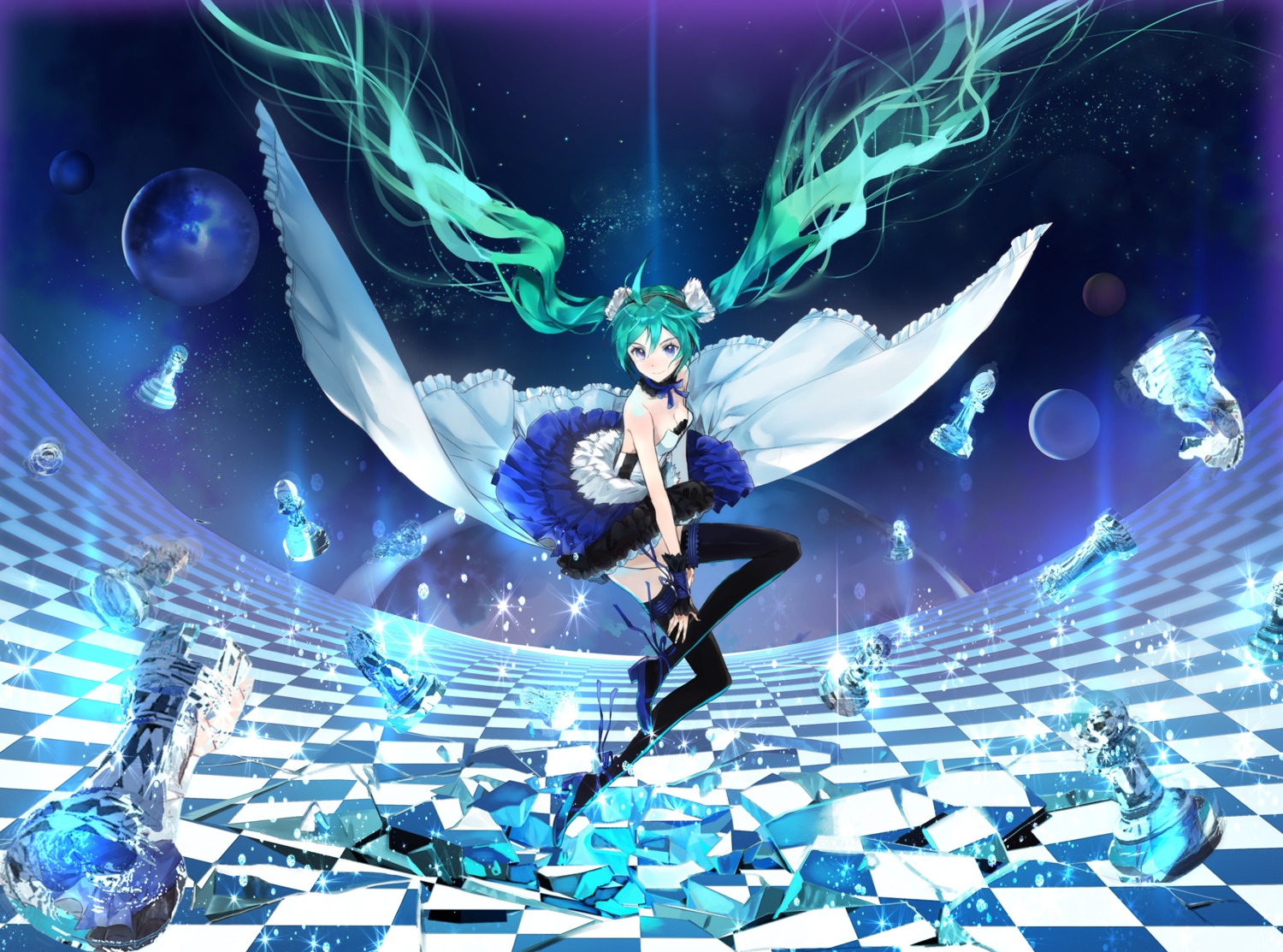 7th_dragon, 7th_dragon_2020, cleavage, dress, hatsune_miku, heels, macciatto_(aciel02), thighhighs