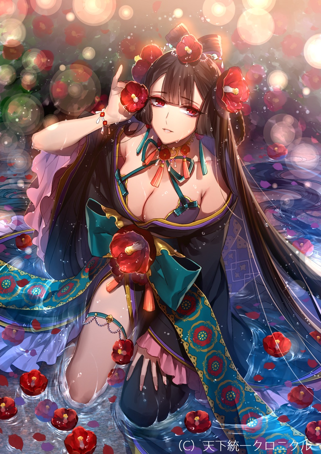cleavage, garter, japanese_clothes, kazari_tayu, tenka_touitsu_chronicle, wet