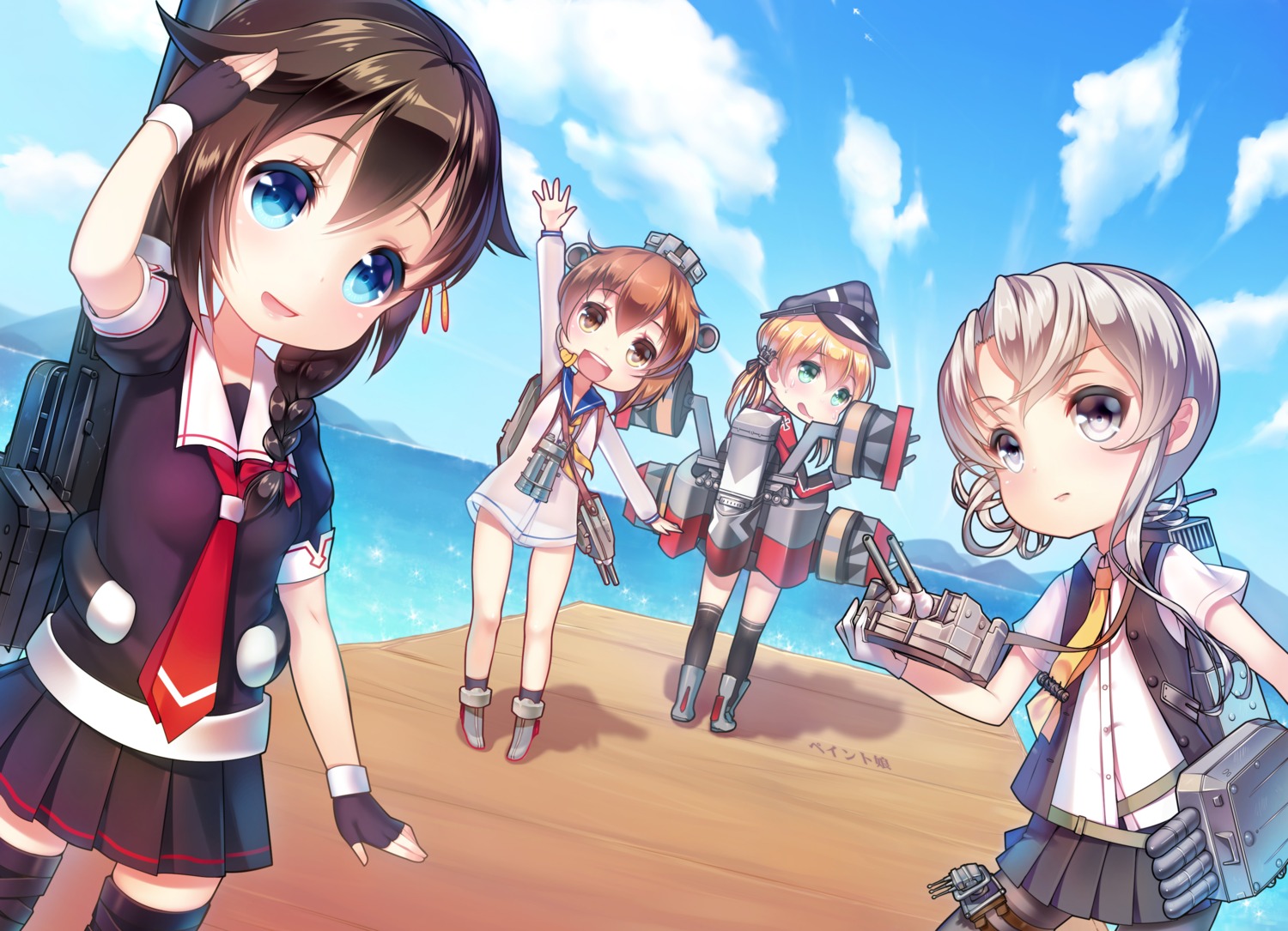 chibi, kantai_collection, nowaki_(kancolle), paint_musume, pantyhose, prinz_eugen_(kancolle), seifuku, shigure_(kancolle)
