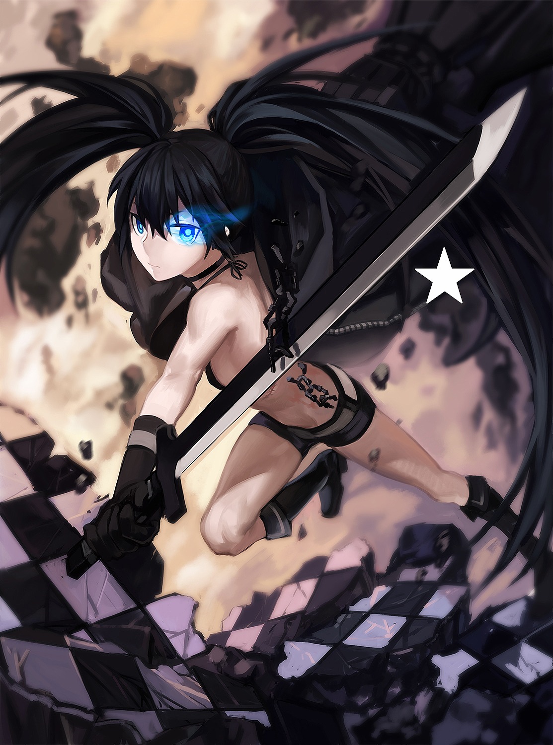 bikini_top, black_rock_shooter, black_rock_shooter_(character), heels, rff_(3_percent), swimsuits, sword, vocaloid