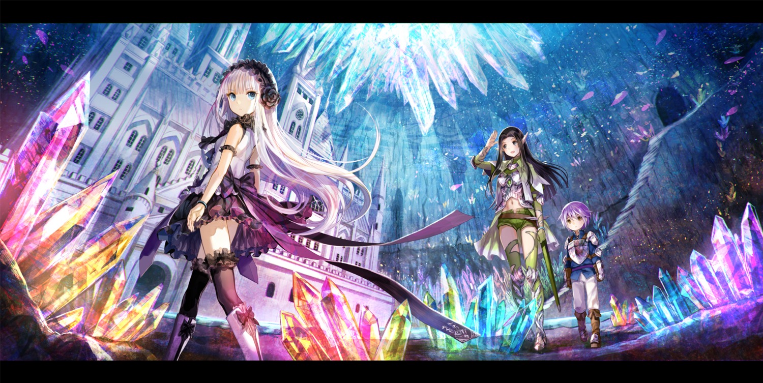 dress, elf, fuzichoko, kenja_no_deshi_wo_nanoru_kenja, landscape, mira_(kenja_no_deshi_wo_nanoru_kenja), pointy_ears, sword, thighhighs