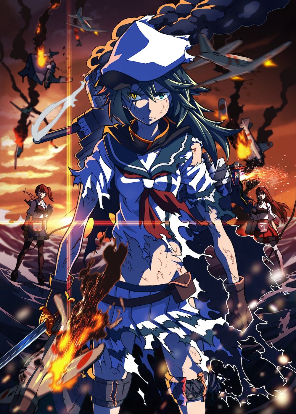 akagi_(kancolle), heterochromia, kaga_(kancolle), kantai_collection, kiso_(kancolle), rinta, sword, thighhighs, torn_clothes, weapon