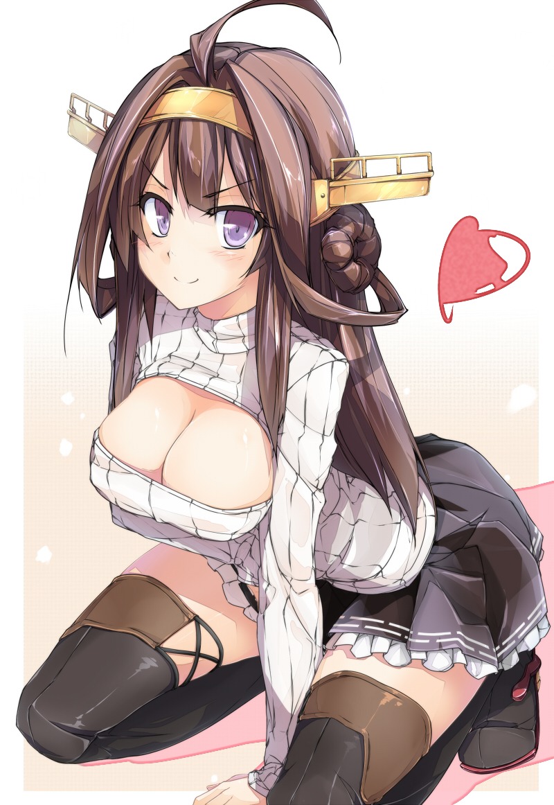 cleavage, kantai_collection, kongou_(kancolle), shizukyuki, sweater, thighhighs