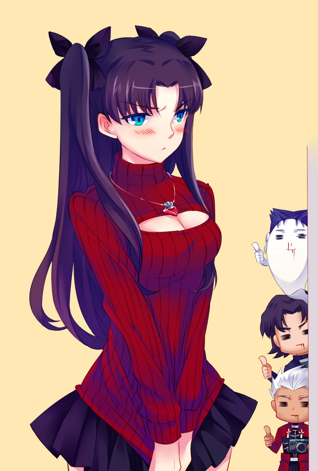 archer, cleavage, cu_chulainn_(fate), fate/stay_night, kotomine_kirei, sweater, toosaka_rin, yaoshi_jun