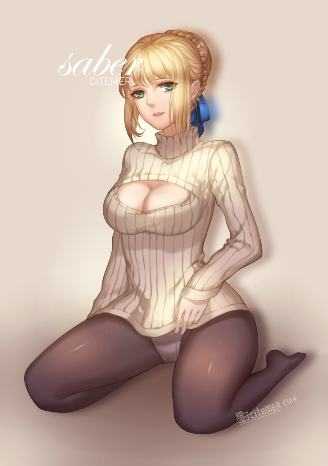artoria_pendragon_(fate), citemer, cleavage, fate/stay_night, pantsu, pantyhose, sweater