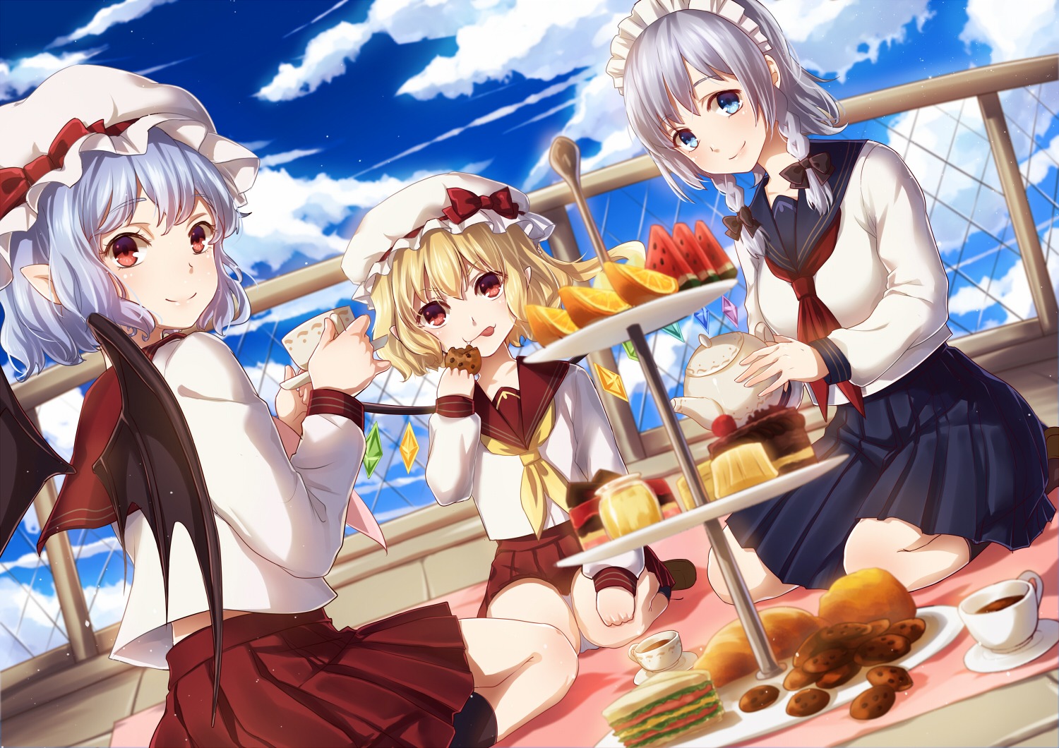 flandre_scarlet, izayoi_sakuya, remilia_scarlet, seifuku, touhou, wings, yezhi_na