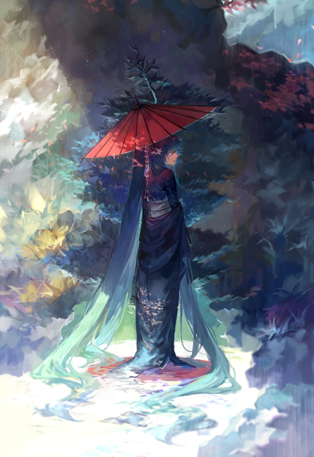 hatsune_miku, kimono, landscape, tang_elen, umbrella, vocaloid, wet