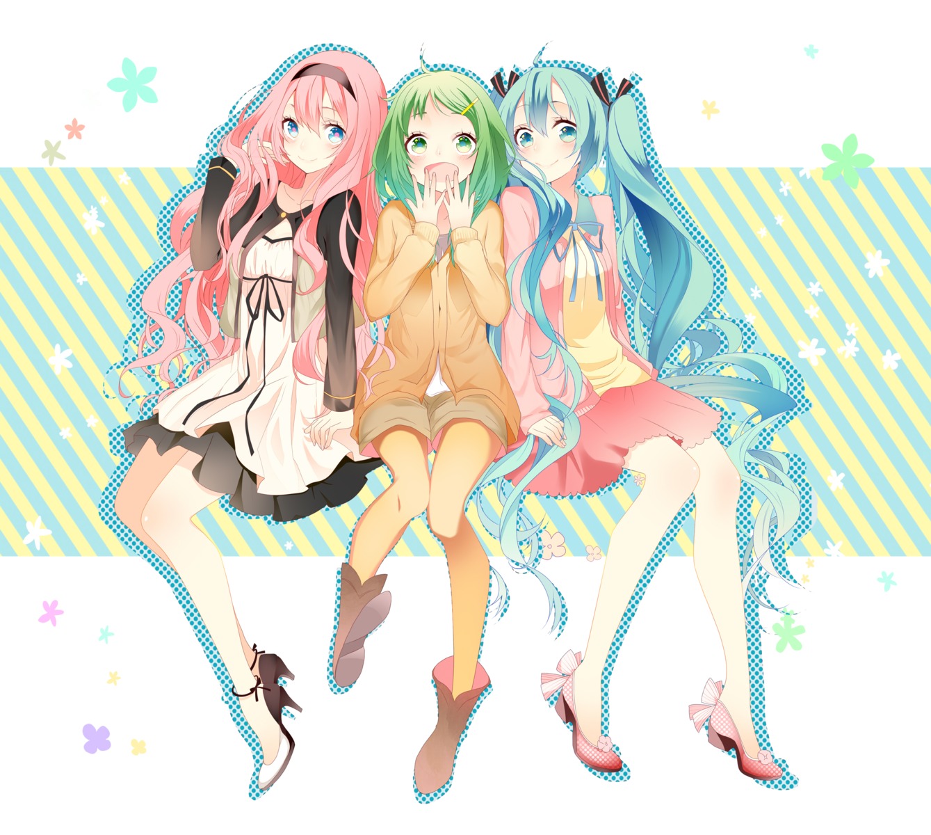 cleavage, dress, gumi, hatsune_miku, heels, megurine_luka, pantyhose, temari_(artist)