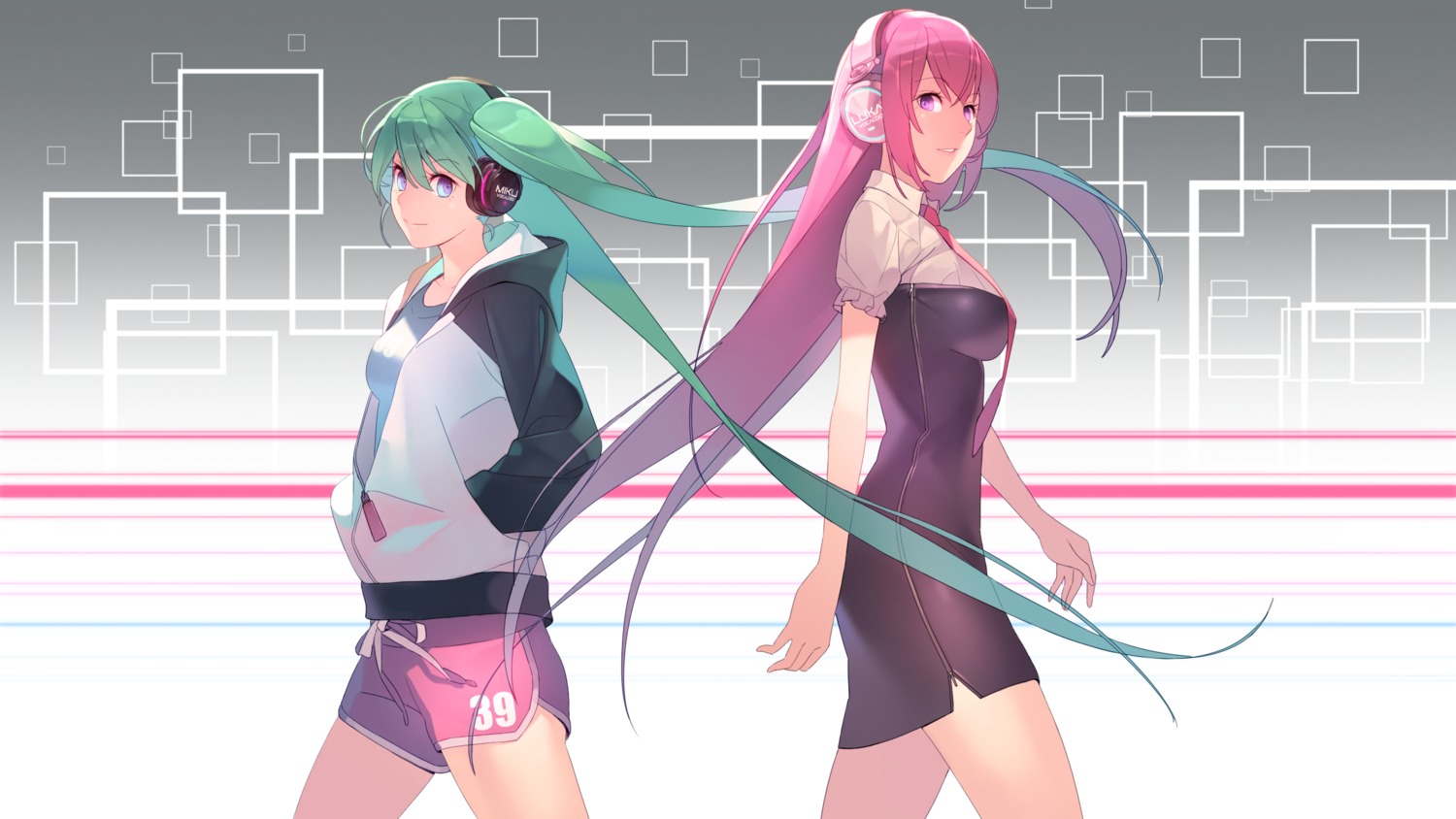 dress, hatsune_miku, headphones, jandy, megurine_luka, vocaloid, wallpaper