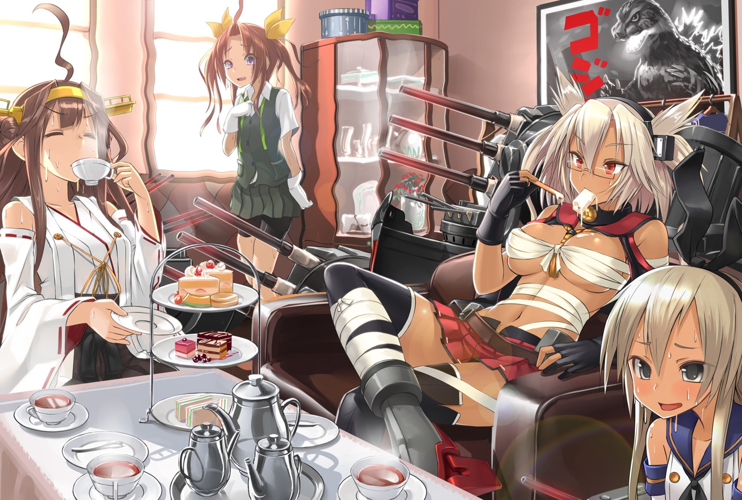 bike_shorts, cleavage, cream, godzilla, godzilla_(series), heels, kagerou_(kancolle), kantai_collection