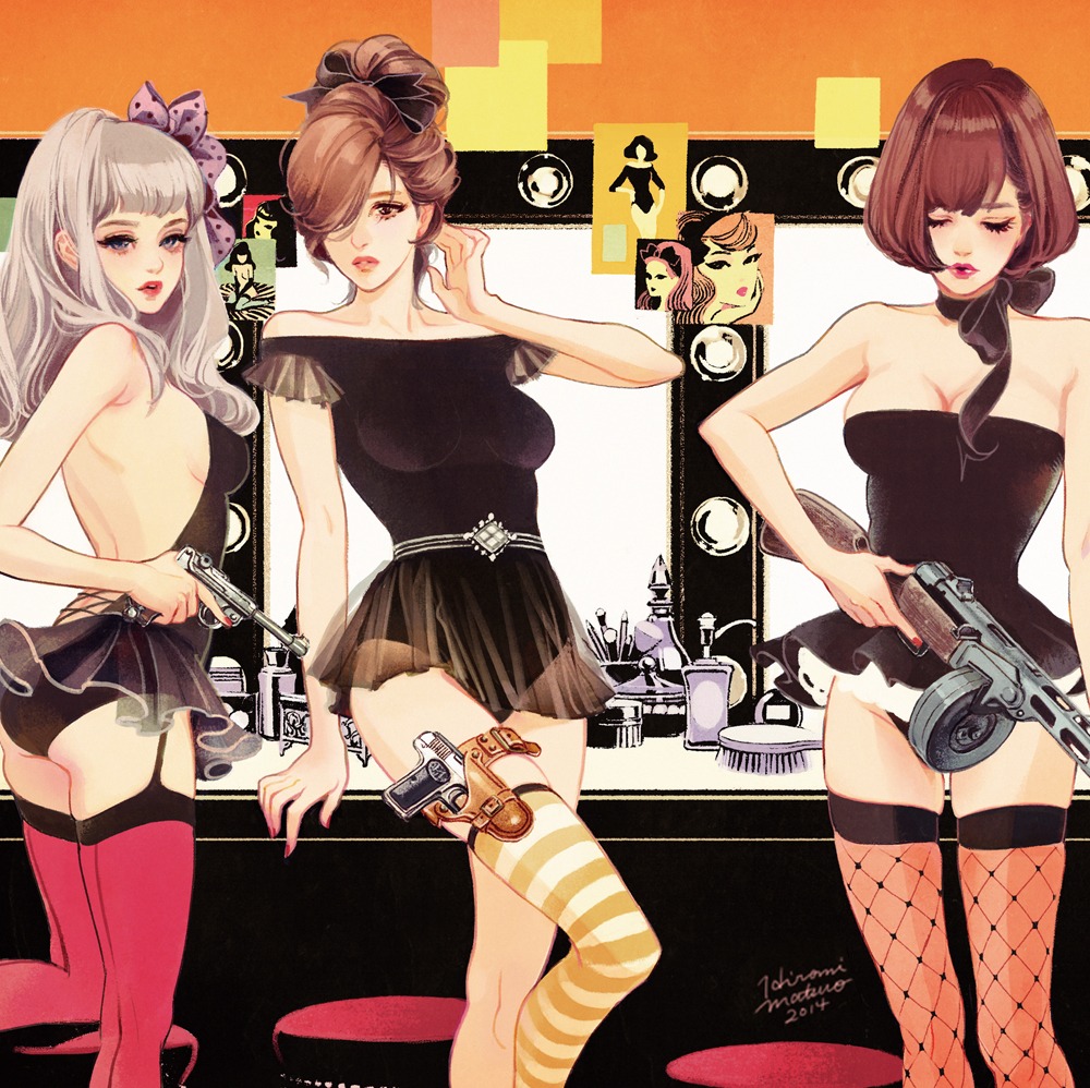 ass, cleavage, fishnets, gun, matsuo_hiromi, no_bra, pantsu, stockings, thighhighs