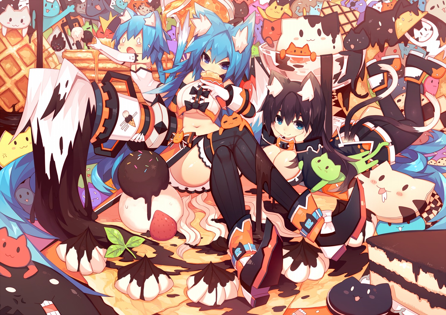 animal_ears, chibi, cleavage, cream, heels, mamuru, neko, tail