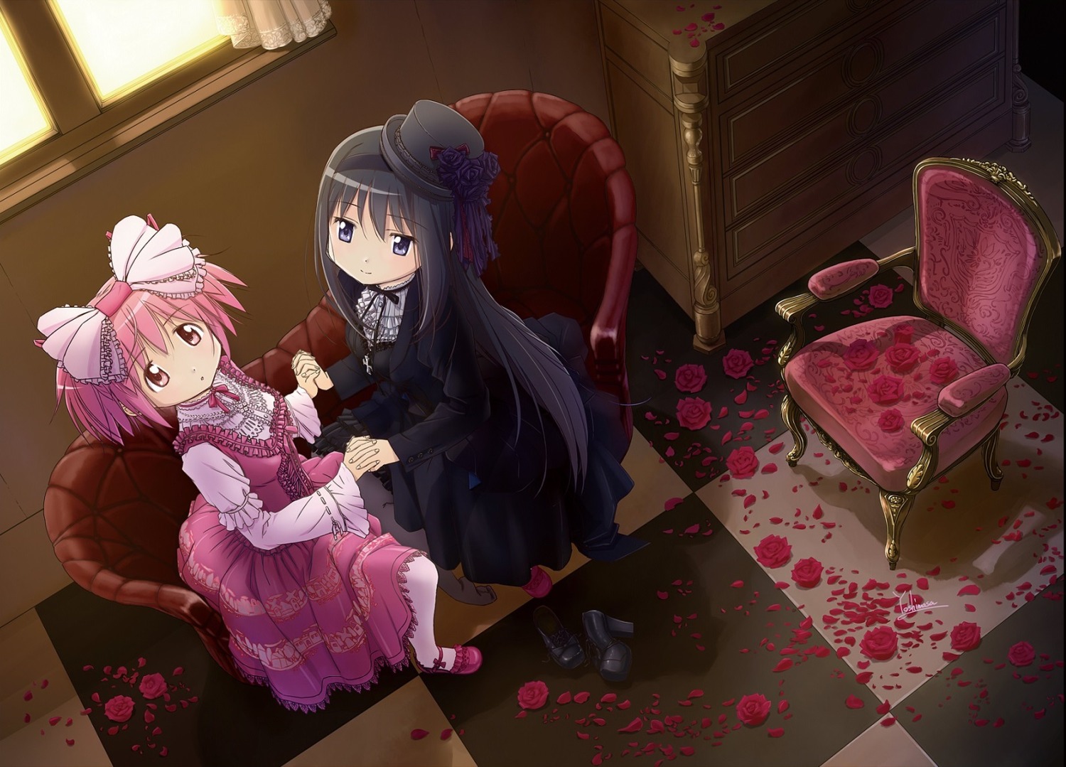 akemi_homura, dress, gothic_lolita, heels, kaname_madoka, lolita_fashion, mahou_shoujo_madoka_magica, yoshinaga_masahiro