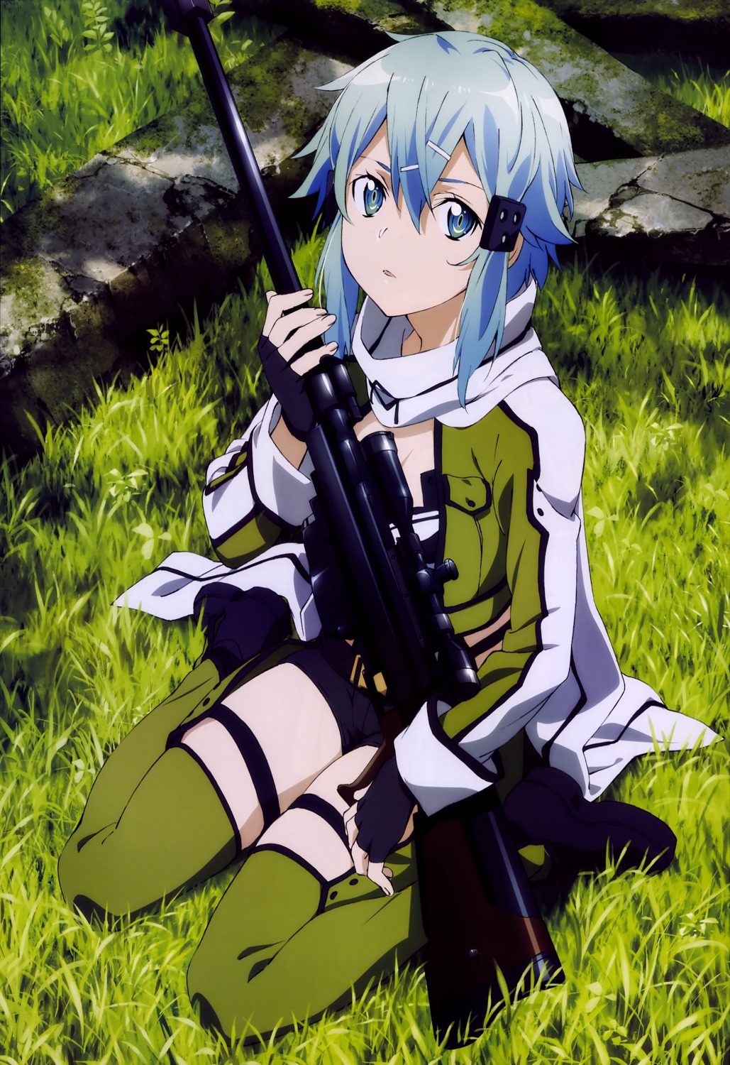 cleavage, duplicate, gun, gun_gale_online, ochiai_hitomi, sinon, sword_art_online, thighhighs