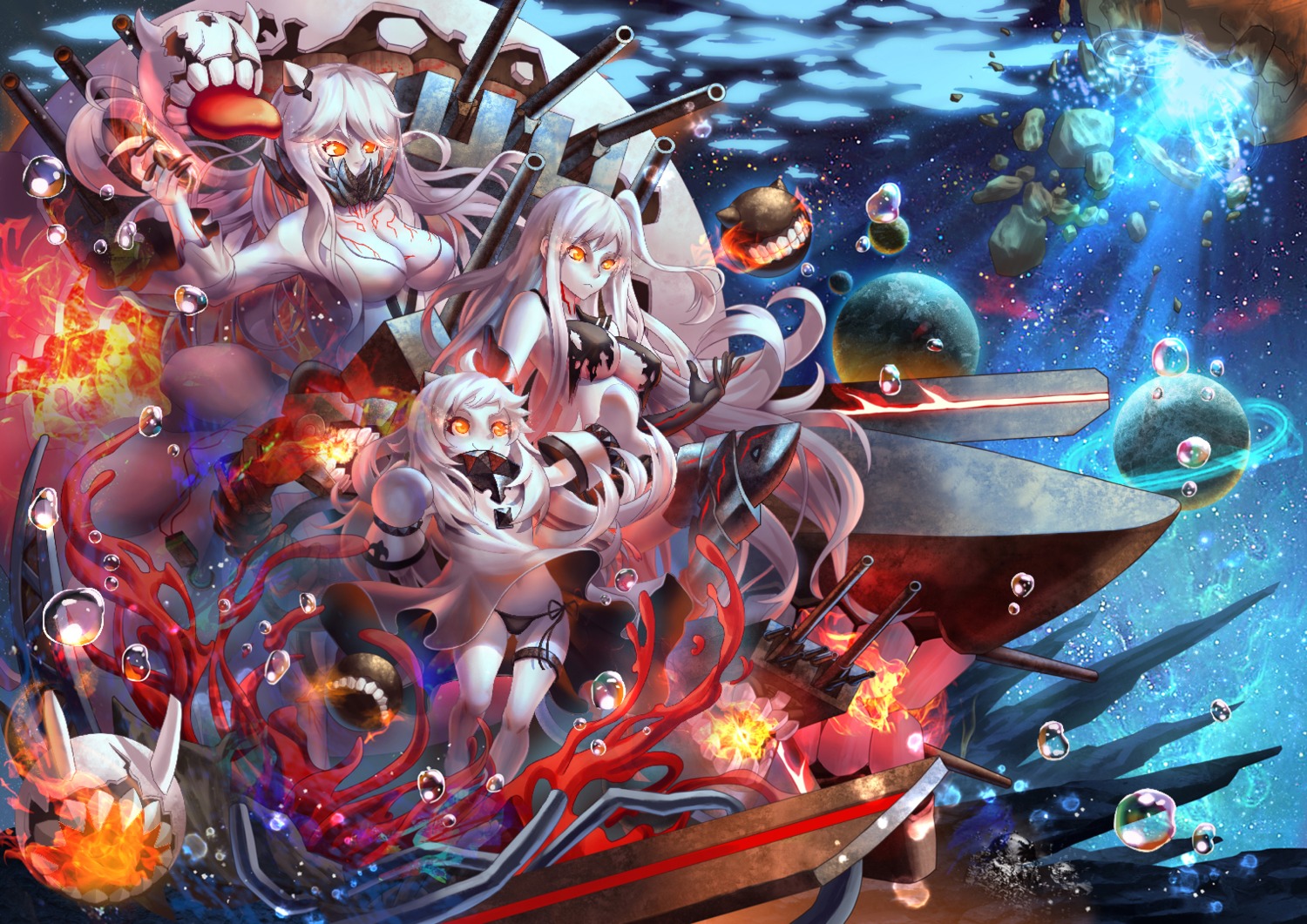 aircraft_carrier_hime, cleavage, dress, erect_nipples, garter, horns, kantai_collection, midway_hime