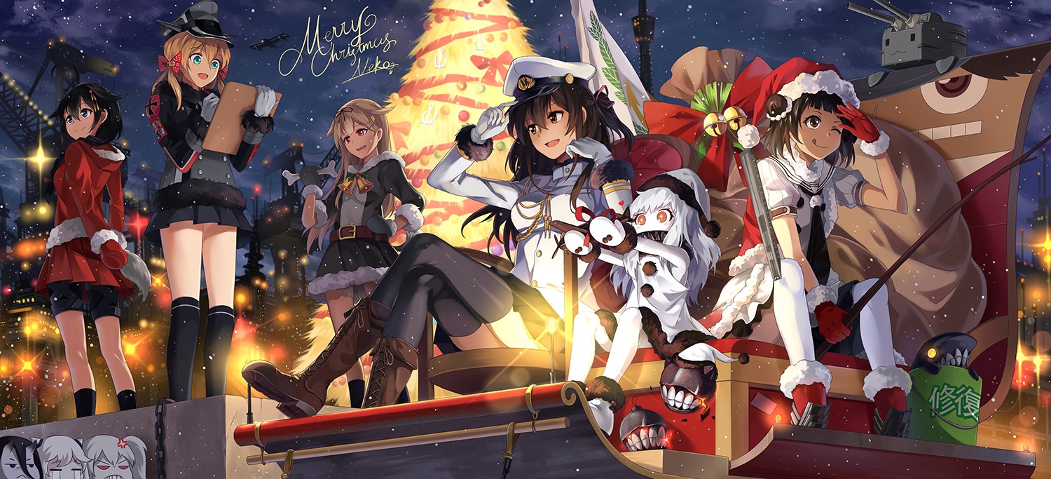 aircraft_carrier_hime, airfield_hime, battleship-symbiotic_hime, bike_shorts, christmas, female_admiral_(kancolle), kantai_collection, naka_(kancolle)
