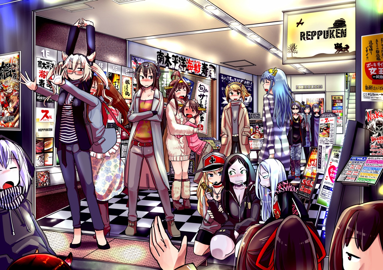 battleship-symbiotic_hime, bismarck_(kancolle), cleavage, dress, fusou_(kancolle), haruna_(kancolle), heels, hiei_(kancolle)
