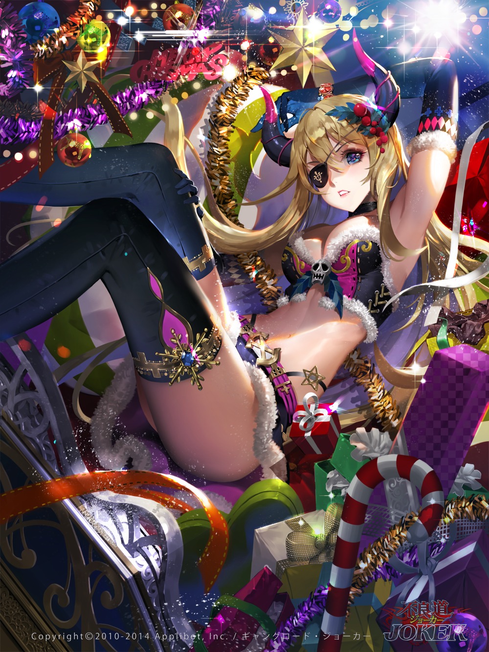 bikini_top, christmas, cleavage, eyepatch, furyou_michi_~gang_road~, gang_road_joker, horns, swimsuits