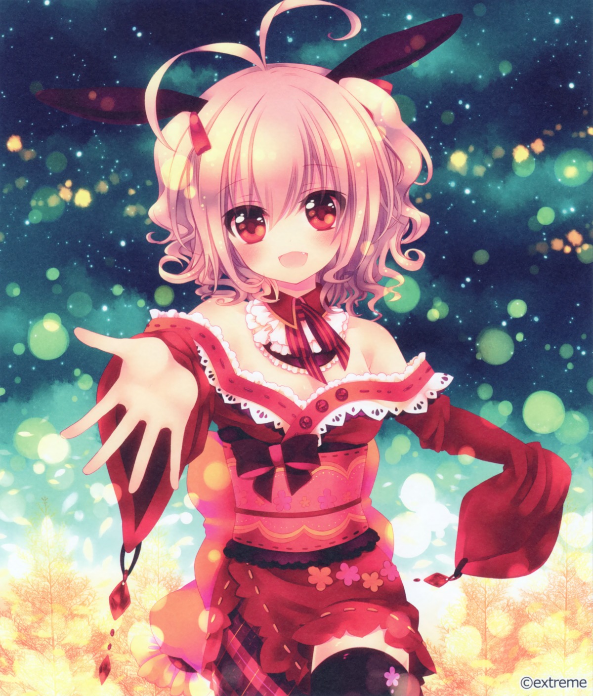 animal_ears, cleavage, japanese_clothes, konno_kengo, momoiro_taisen_pairon, teto, thighhighs, uni-guru