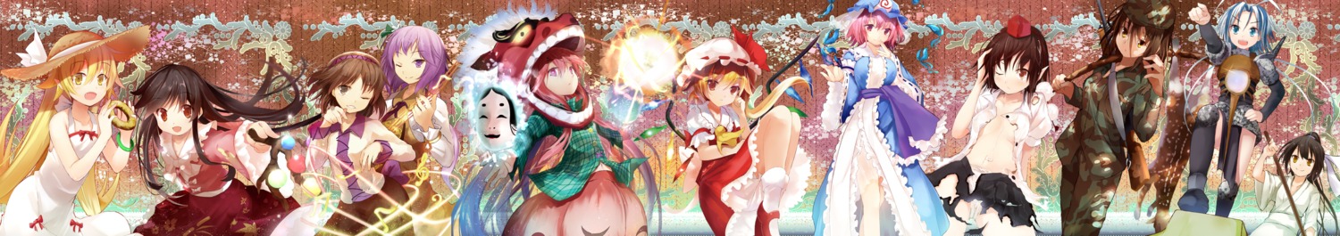 bakemonogatari, dress, efe, flandre_scarlet, gun, hata_no_kokoro, houraisan_kaguya, kimono