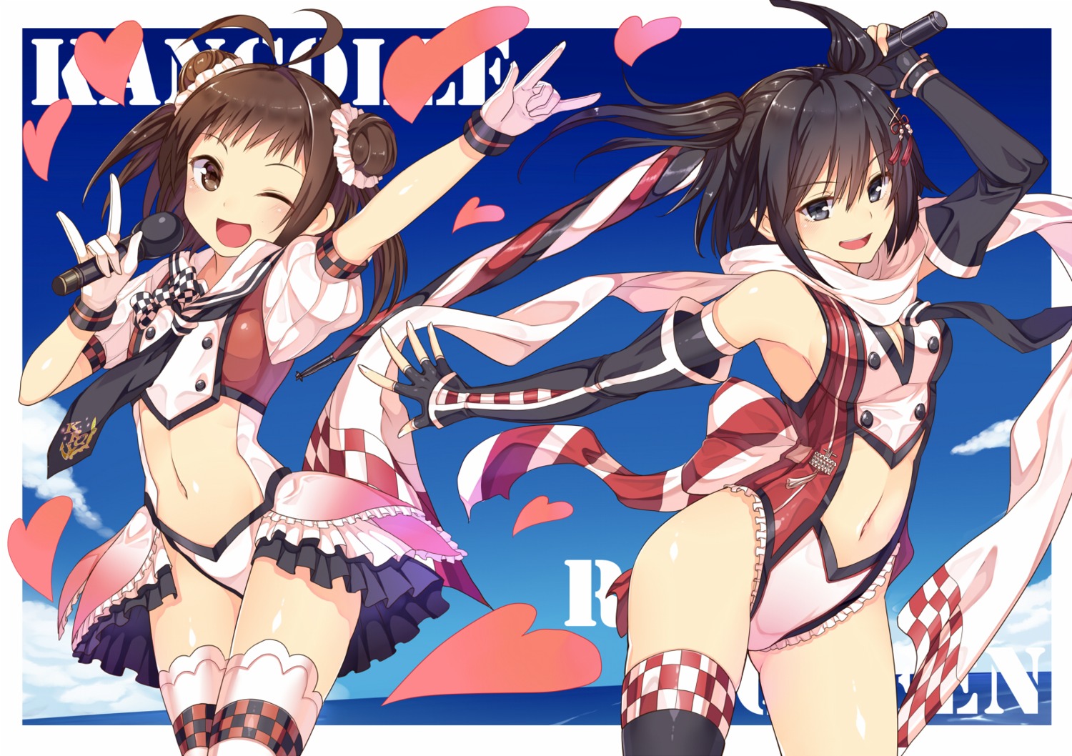 cleavage, ginichi_(toot08), kantai_collection, naka_(kancolle), sendai_(kancolle), thighhighs