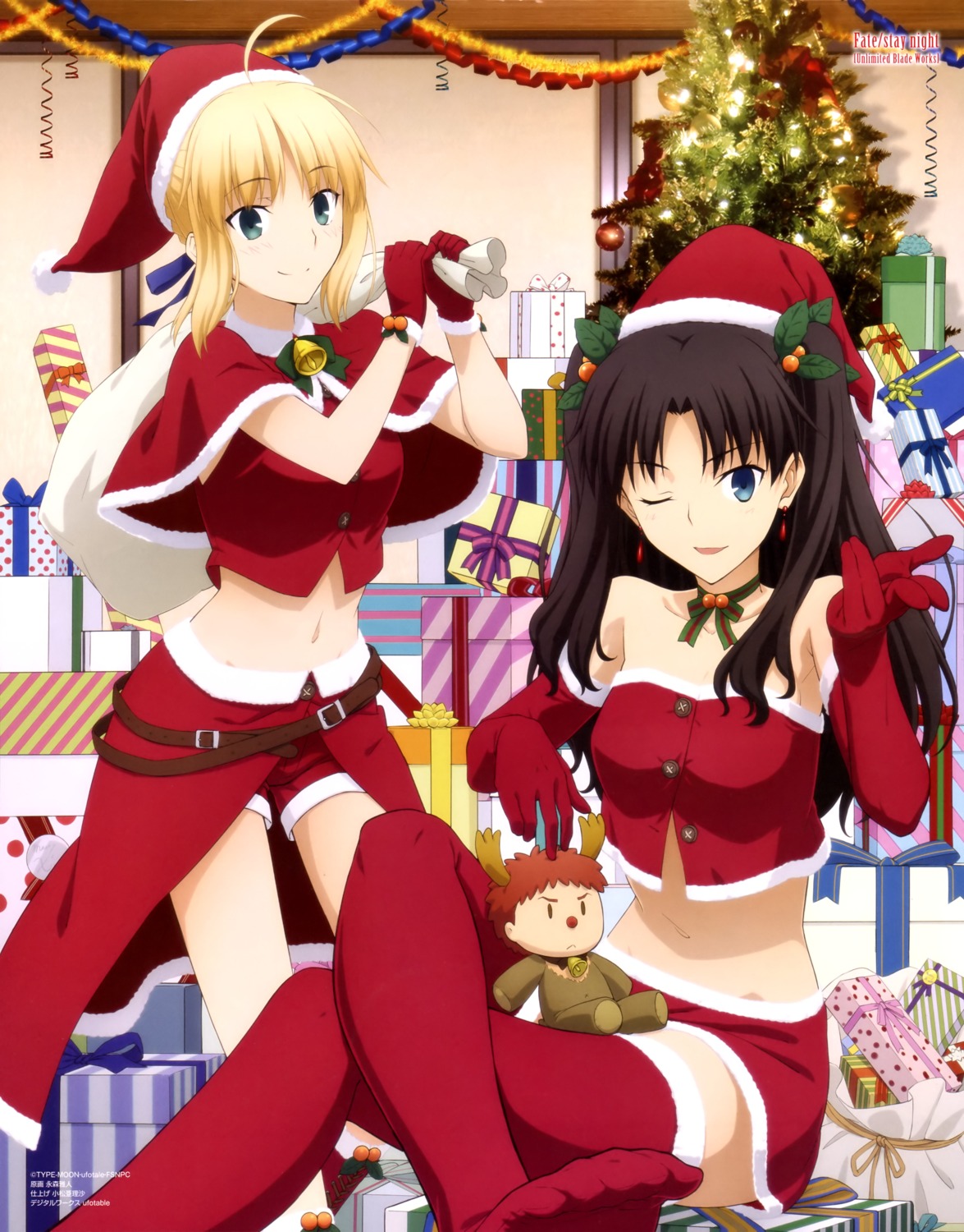 artoria_pendragon_(fate), christmas, fate/stay_night, nagamori_masato, thighhighs, toosaka_rin
