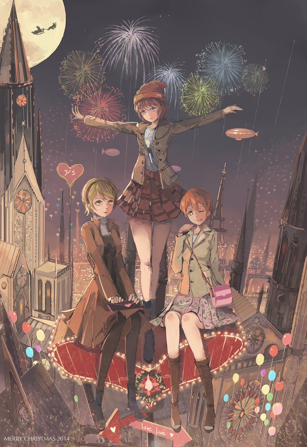 christmas, dress, heels, hoshizora_rin, koizumi_hanayo, love_live!, love_live!_(series), nishikino_maki, pantyhose, qian