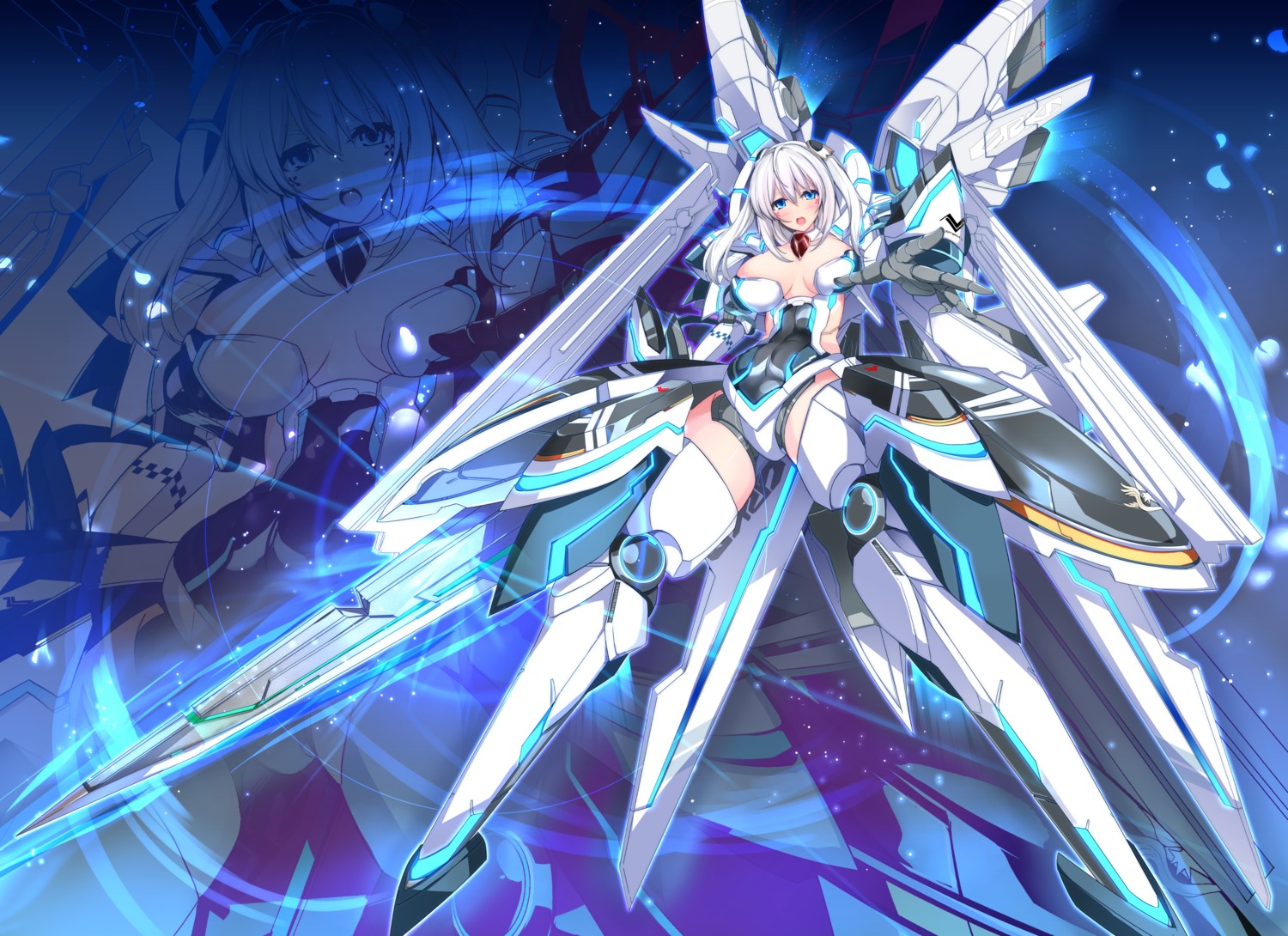 cleavage, mecha_musume, narumi_cristear_note, no_bra, phantasy_star, phantasy_star_online_2, sword, thighhighs