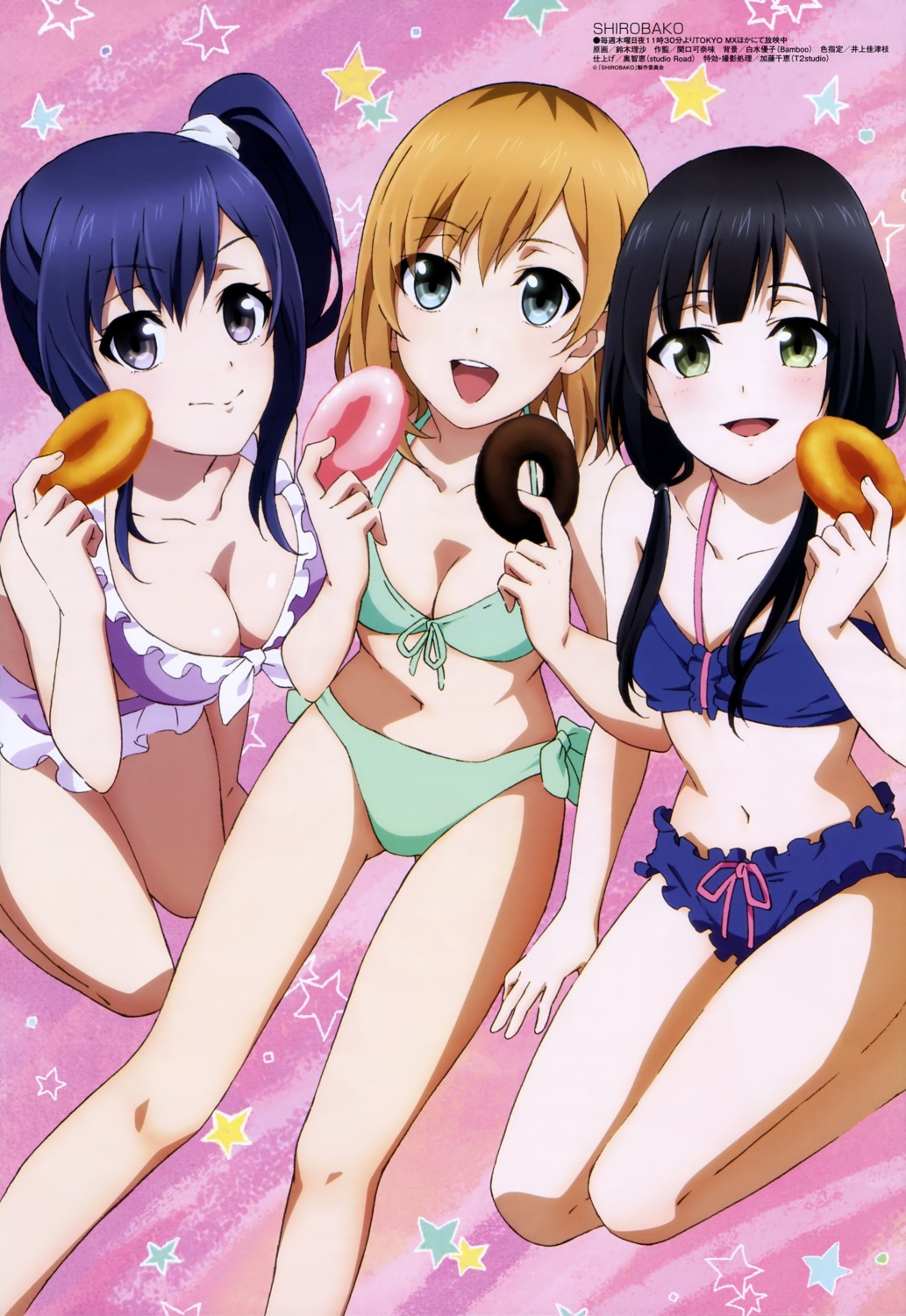 bikini, cleavage, imai_midori, miyamori_aoi, shirobako, suzuki_risa, swimsuits, yasuhara_ema