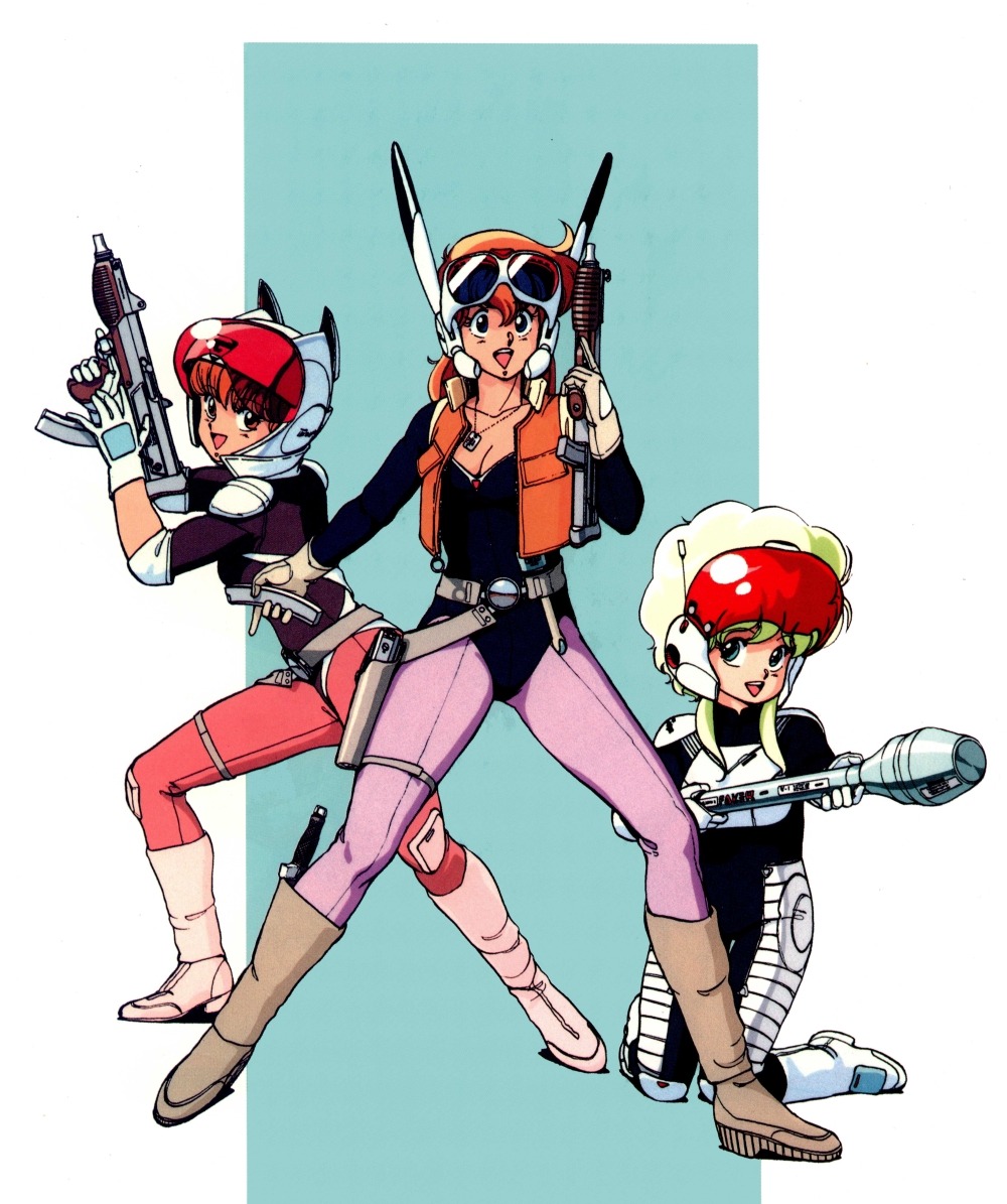 bodysuit, cleavage, gall_force, gun, leotard, pantyhose, patty, rabby